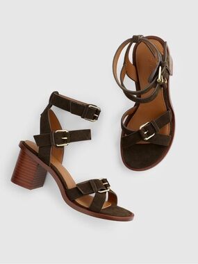 Madewell The Corinna Buckle-Strap Heeled suede expedition green Sandal 7 NZ718